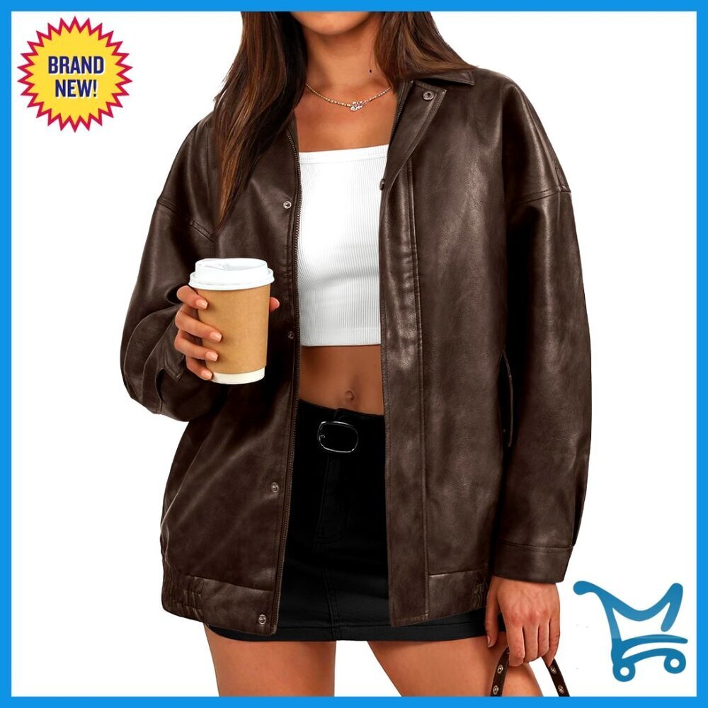 Oversized Faux Leather Bomber Jacket Moto Style Zip Up Coat